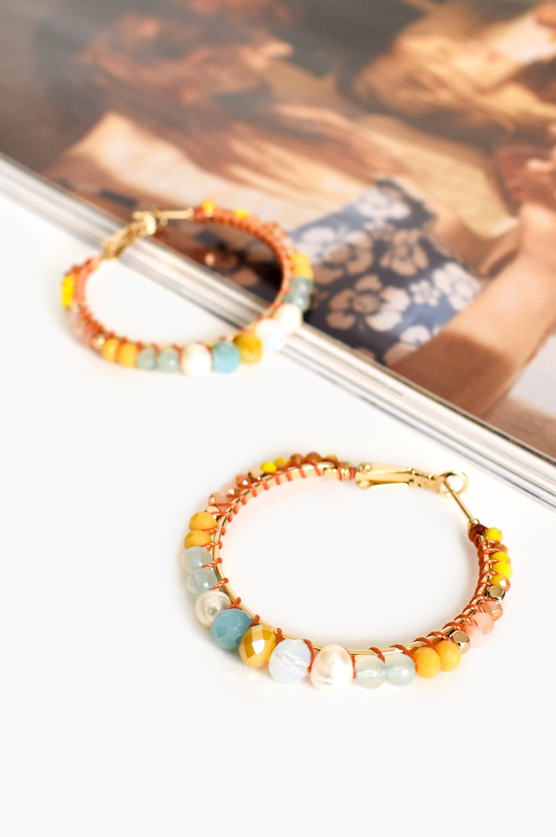 Bead and Stone Midi Hoops Earrings