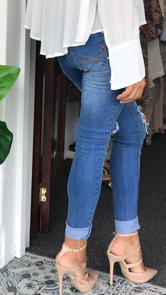 Jeans Denim Dark ripped rolled cuff