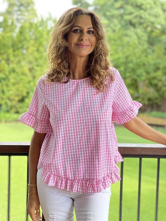 Pink Gingham Frill Hem Top
