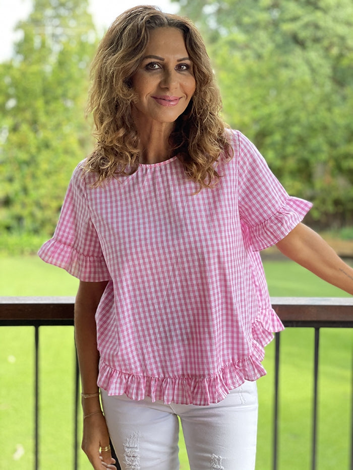 Pink Gingham Frill Hem Top