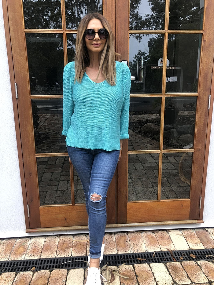 Roll Up Sleeve Knit Top - Aqua