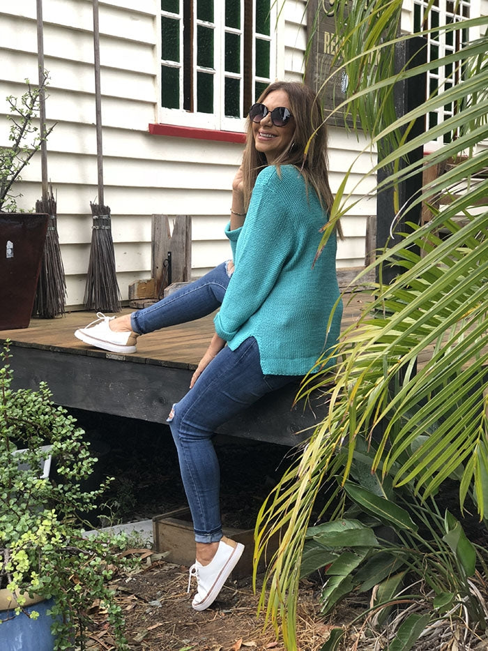 Roll Up Sleeve Knit Top - Aqua