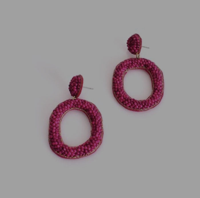 Beaded Oval Drop Earrings - Magenta