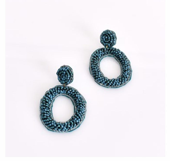 Beaded Oval Drop Earrings - Teal