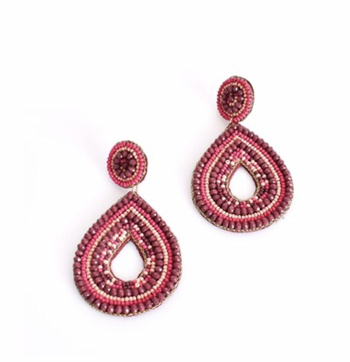 Beaded Tear Drop Earrings - Berry