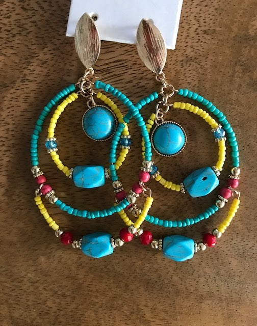 Beaded Blue and Yellow Earrings