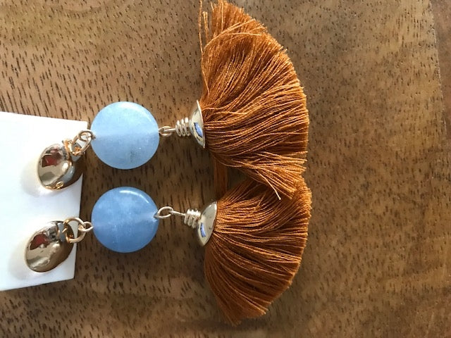 Beaded Stone Drop Earrings - Blue and Rust