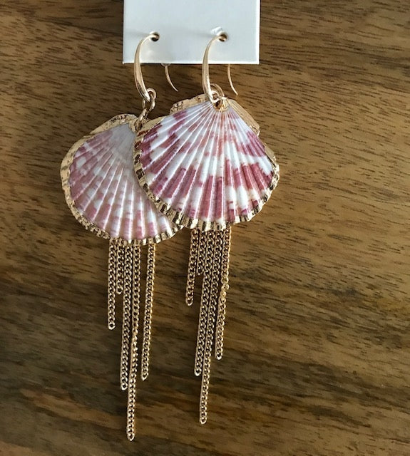 Gold Edged Shell Drop Earrings - Pink