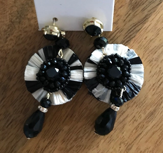 Beaded Drop Raffia Earrings - Black and White