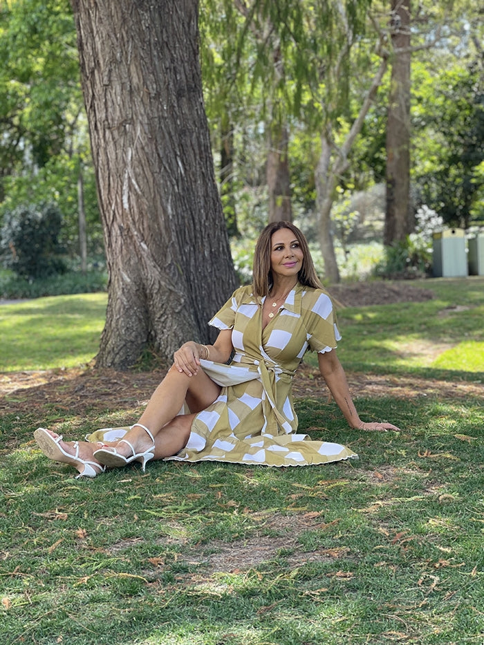 Frilled Wrap Maxi - Olive Gingham
