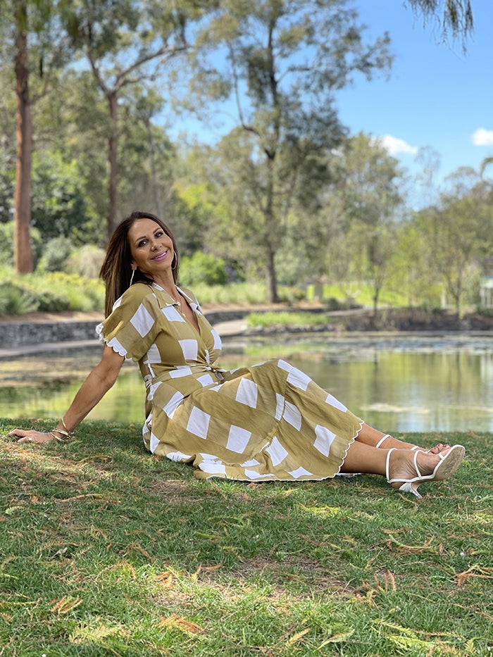 Frilled Wrap Maxi - Olive Gingham