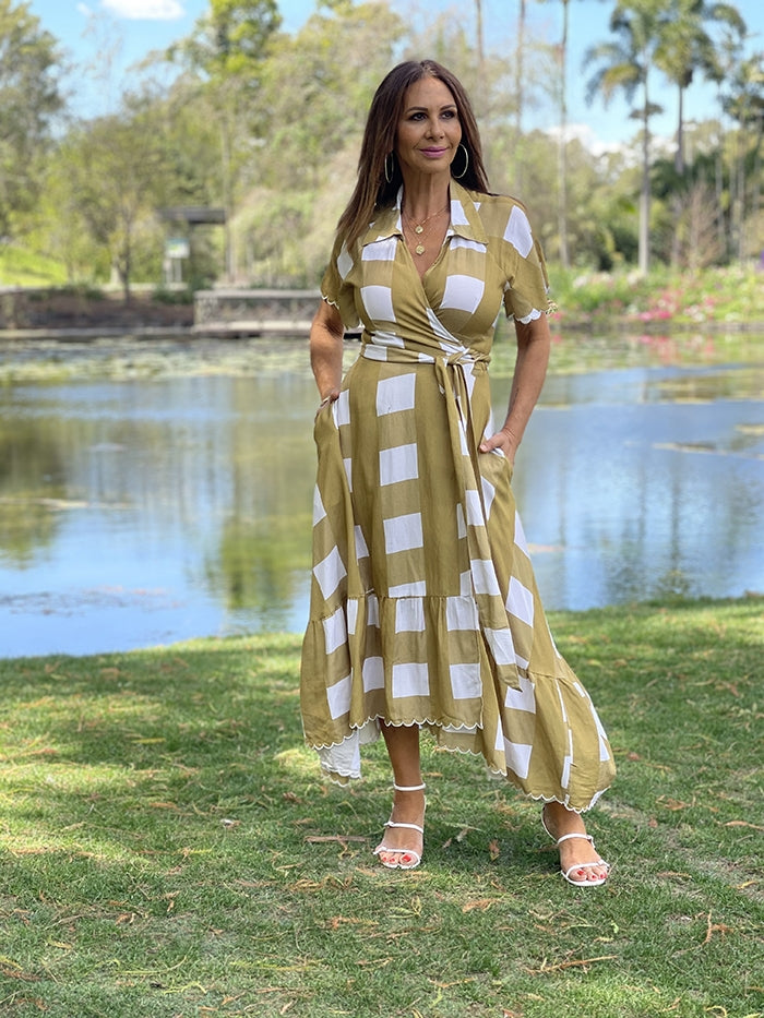 Frilled Wrap Maxi - Olive Gingham