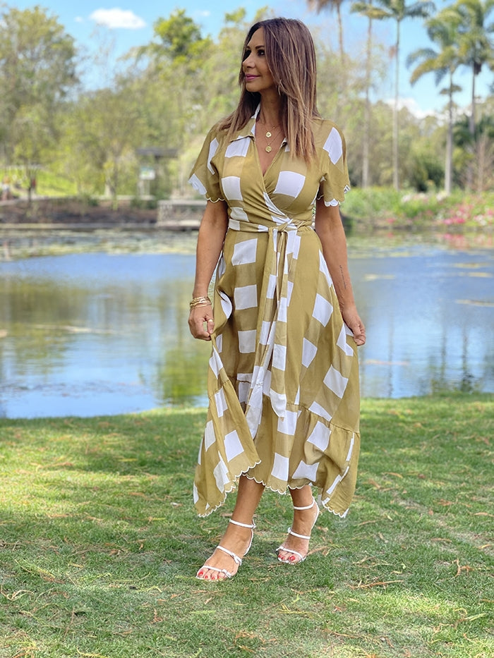 Frilled Wrap Maxi - Olive Gingham