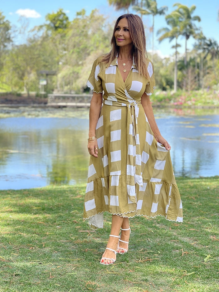 Frilled Wrap Maxi - Olive Gingham