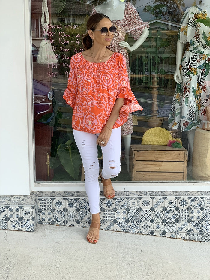 Lola Top - Orange and Pink Floral