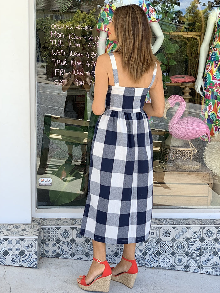 Navy Gingham Midi Dress