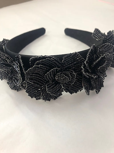 Bugle Bead Flowers Headband - Black