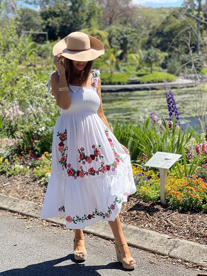 Smocked Maxi Dress - Floral Embroidery