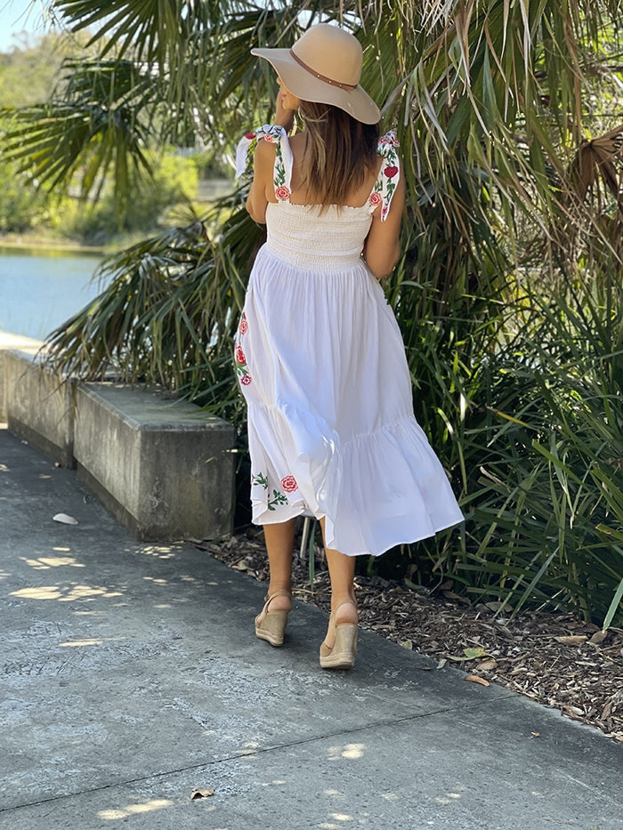 Smocked Maxi Dress - Floral Embroidery
