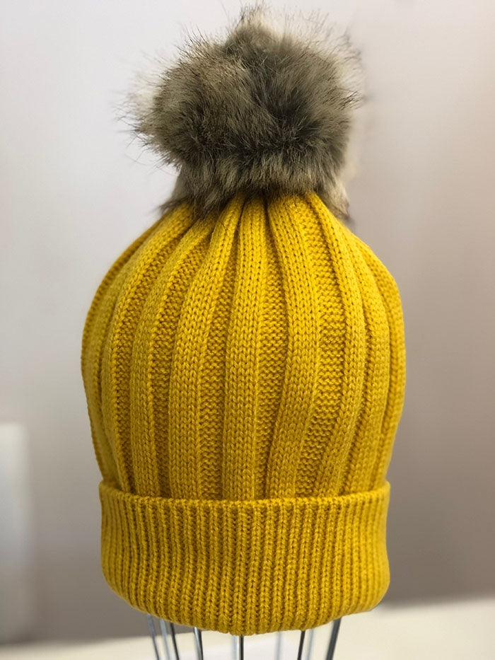 Fur Pom Pom Beanie - Mustard