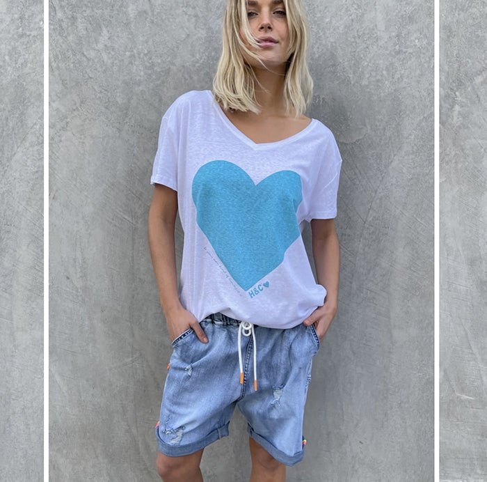 Summer V Neck Tee - Aqua Heart