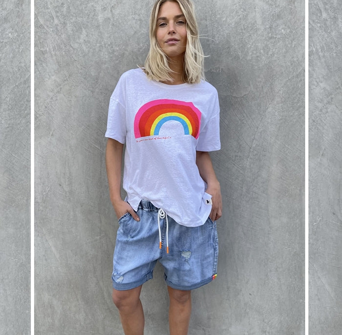 Crew Neck Tee - White Rainbow