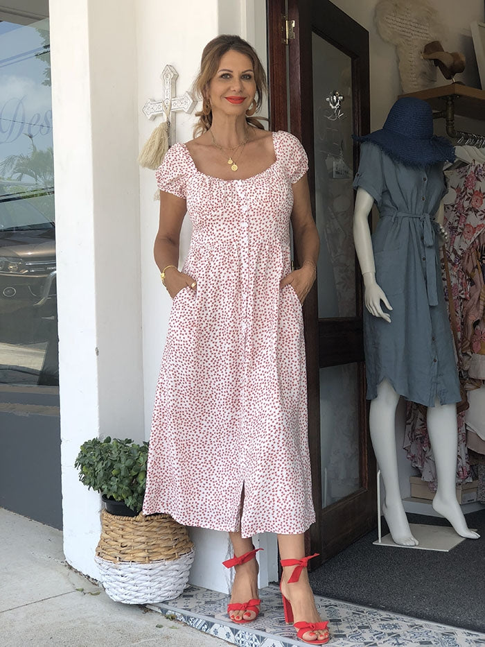 Red Floral Peasant Midi Dress - White