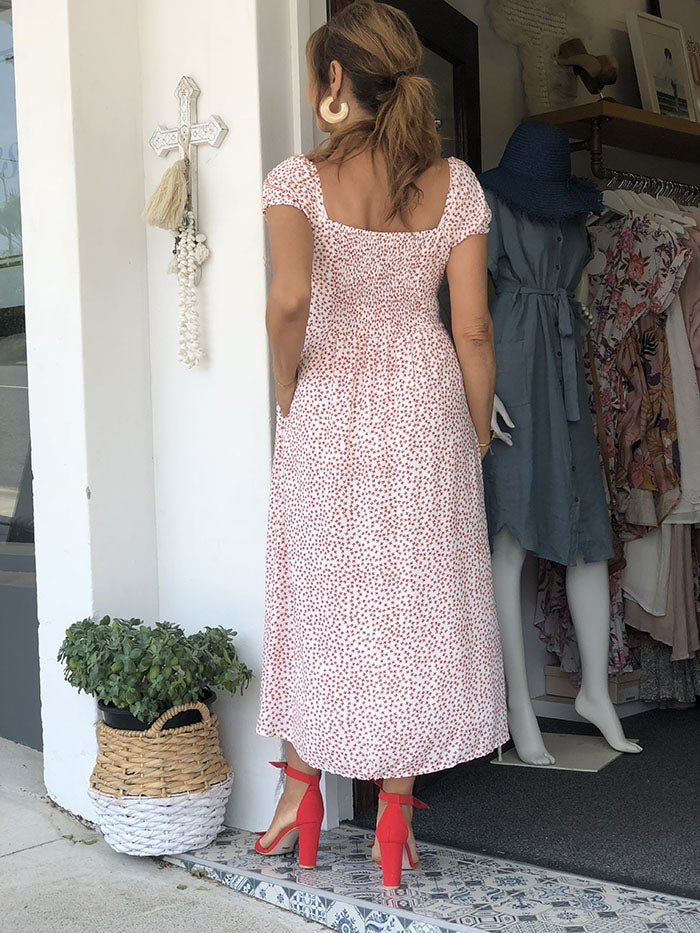 Red Floral Peasant Midi Dress - White