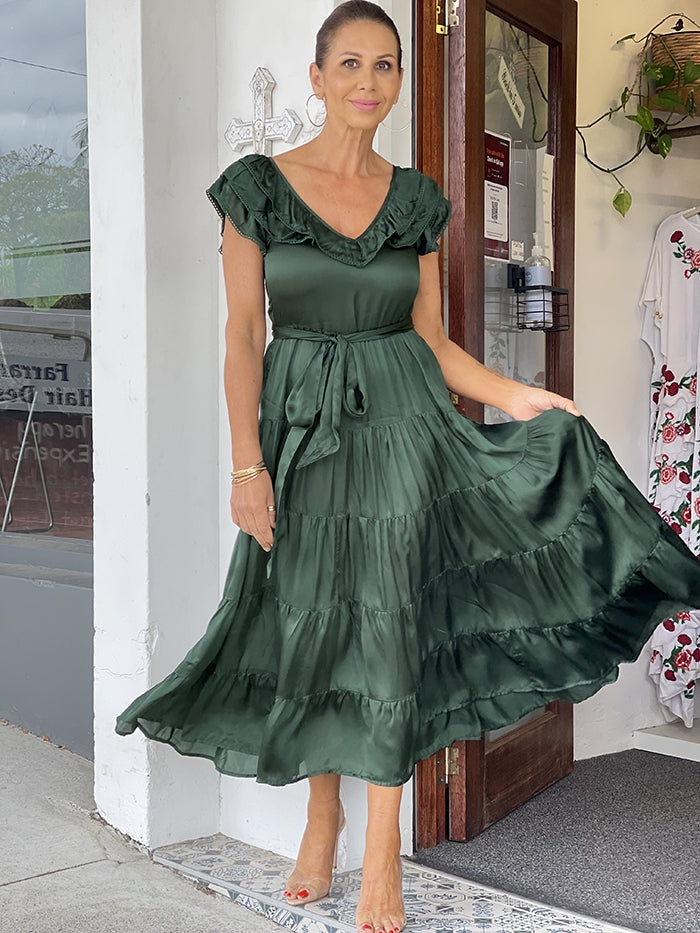 Frilled Tiered Maxi Dress - Green Cupro