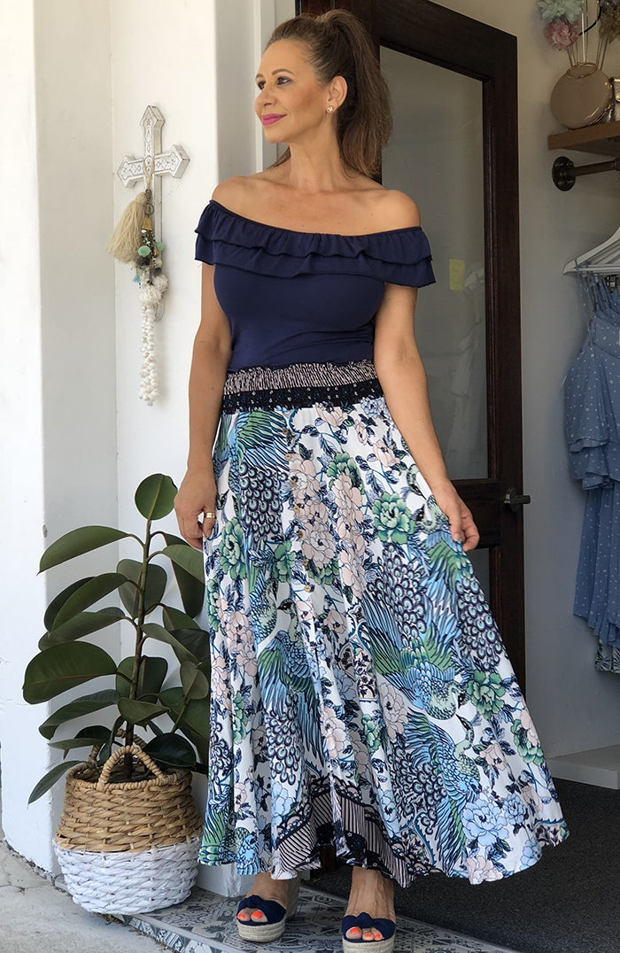 Blue Peacock Maxi Skirt