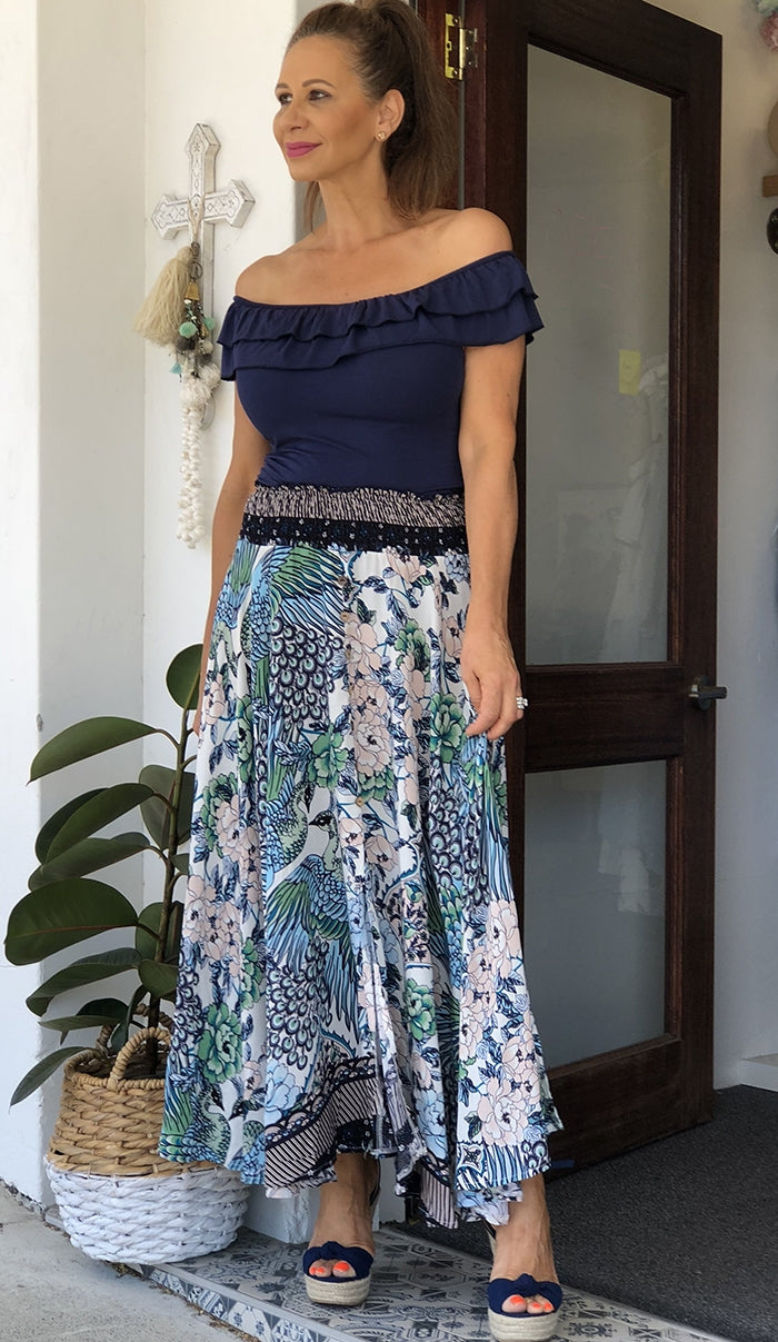 Blue Peacock Maxi Skirt
