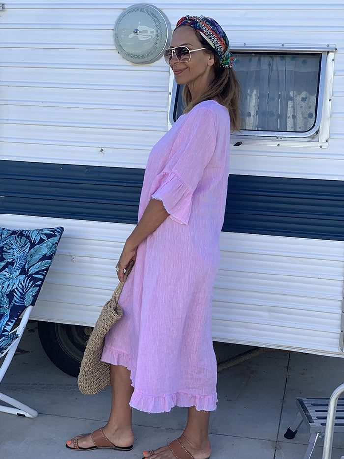 Frayed Linen Dress - Fairyfloss pink