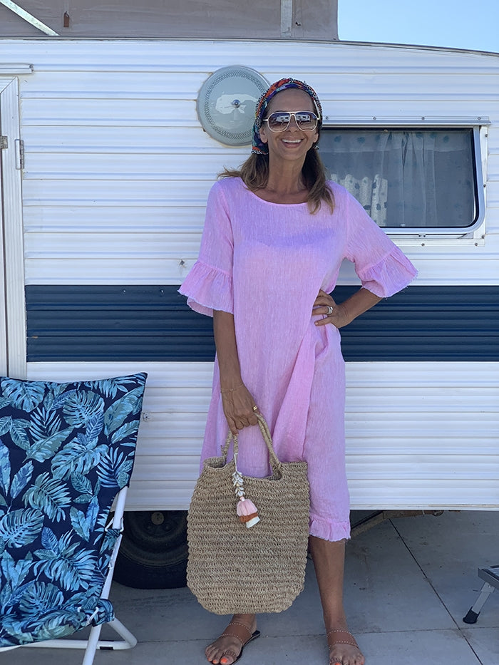 Frayed Linen Dress - Fairyfloss pink