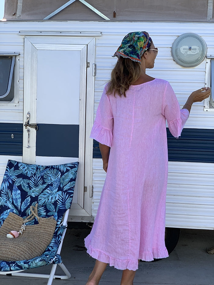 Frayed Linen Dress - Fairyfloss pink