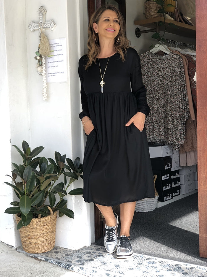 Nadia Dress - Black Satin Modal