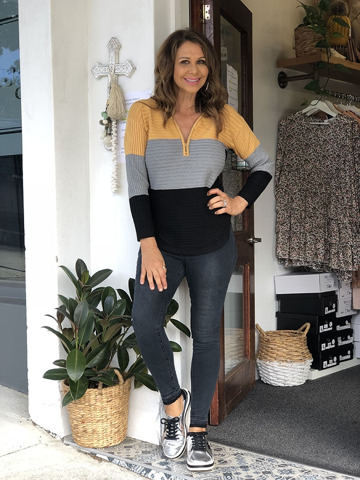 Button Stripe Knit - Mustard and Grey