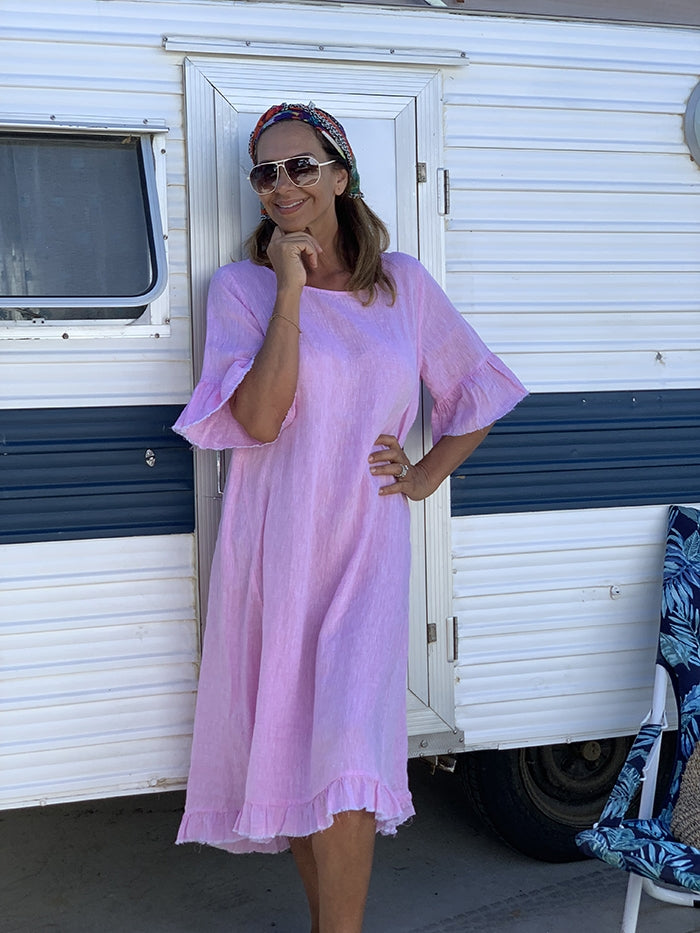 Frayed Linen Dress - Fairyfloss pink