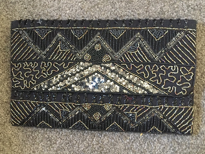 Beaded Sequin Clutch - Black and Gold