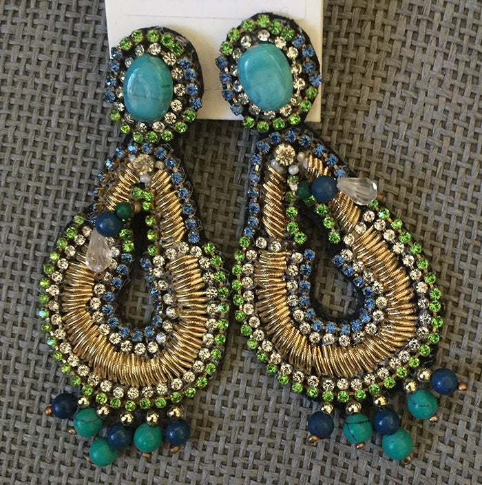 Stone Top Beaded Droplet Earring - Turquoise
