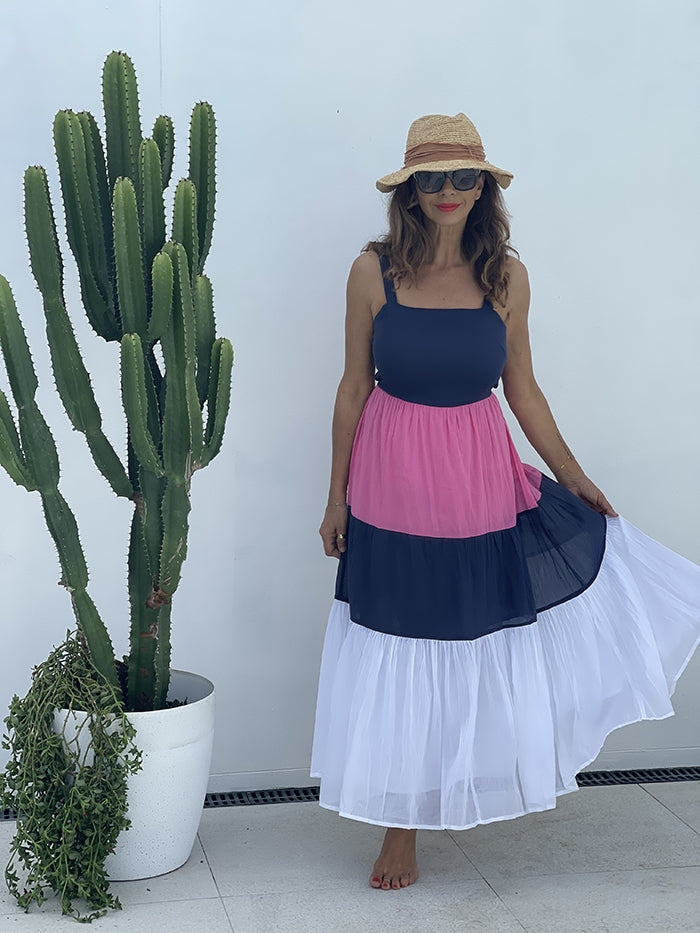 Carmello Dress - Pink, Navy and White