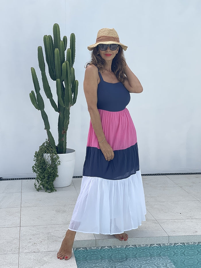 Carmello Dress - Pink, Navy and White