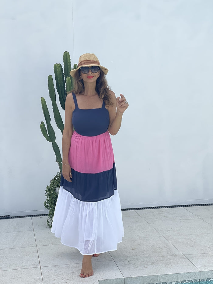 Carmello Dress - Pink, Navy and White