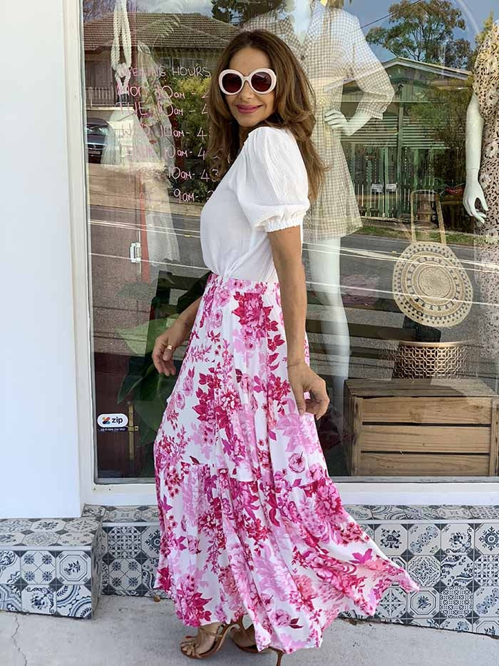 Pink Floral Long Skirt Floral Maxi Skirt, Block Printed Cotton