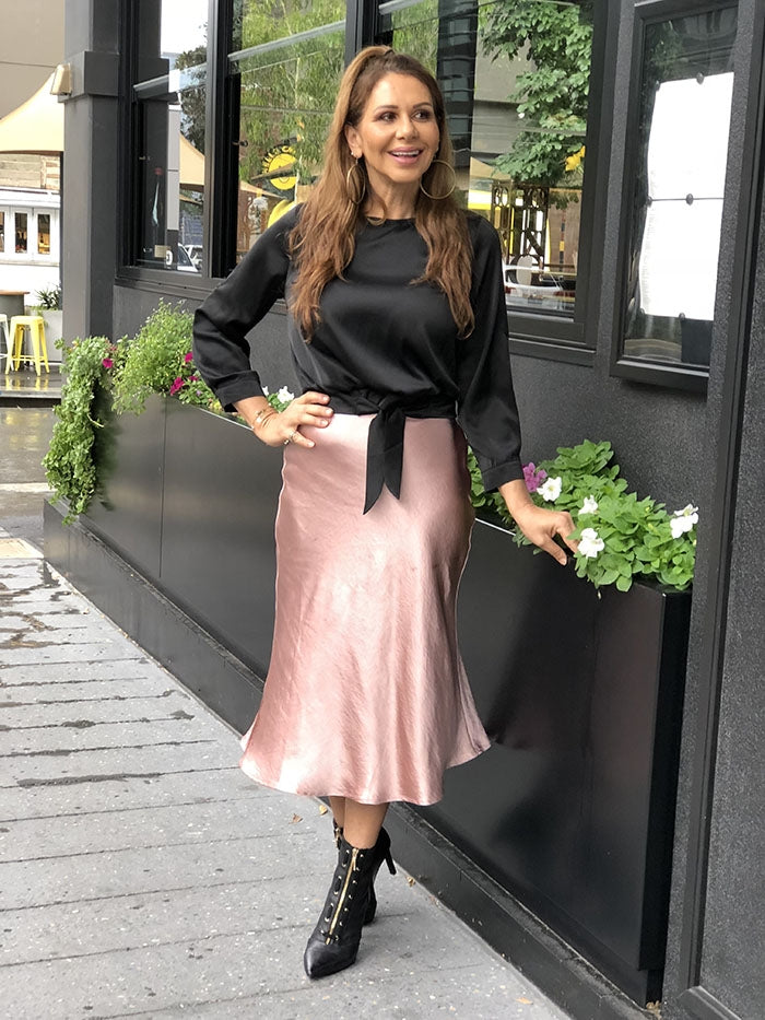 Satin Tie Front Top - Black