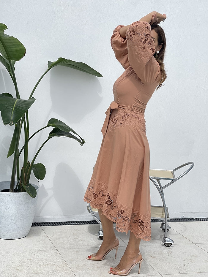 Renaissance Embroidery Midi Dress - Rose