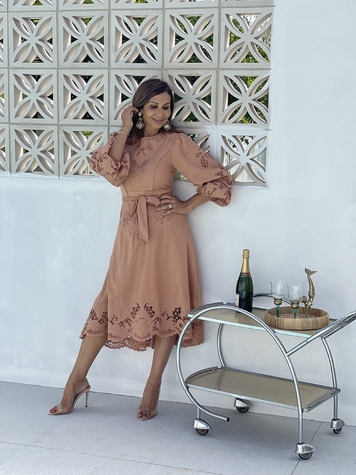 Renaissance Embroidery Midi Dress - Rose