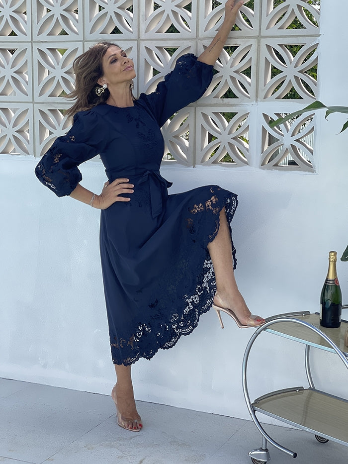 Renaissance Embroidery Midi Dress - Navy