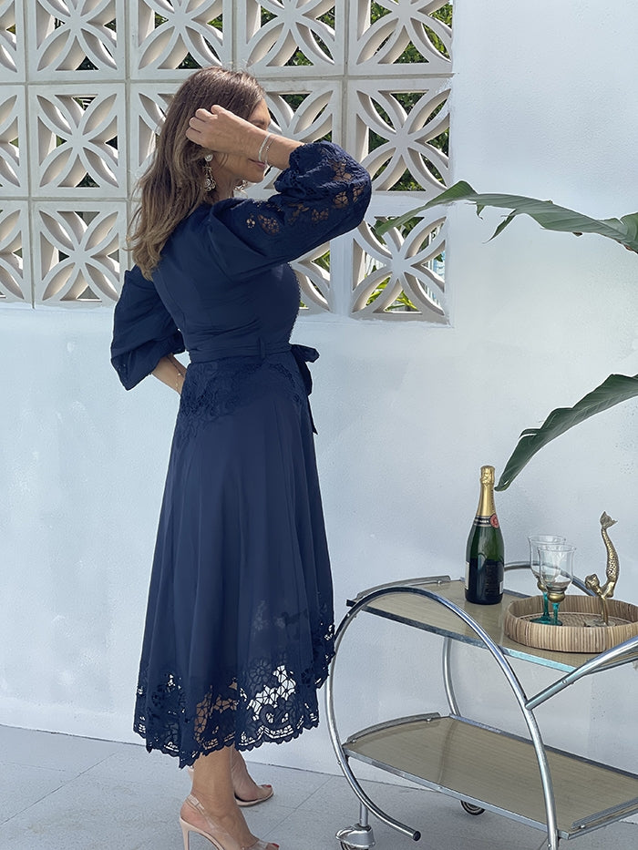Renaissance Embroidery Midi Dress - Navy