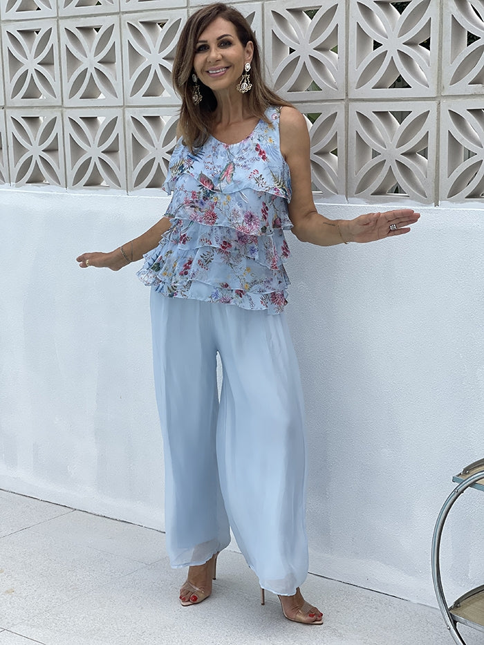 Silk Blend Pants - Blue