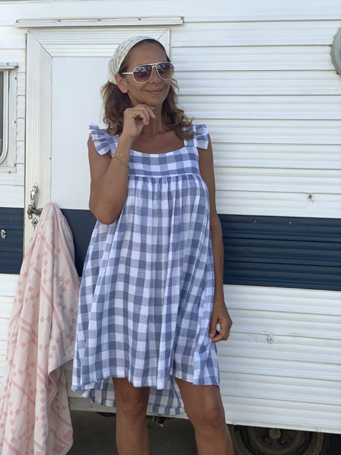 Gingham Frill Dress - Blue